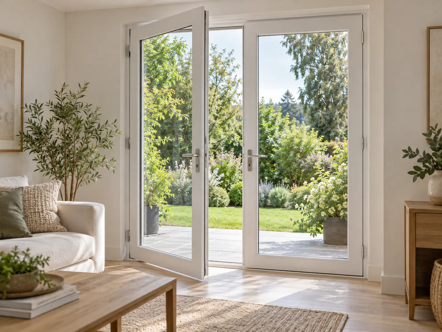 Imagen referencial de puertas blancas de PVC hacia un jardín